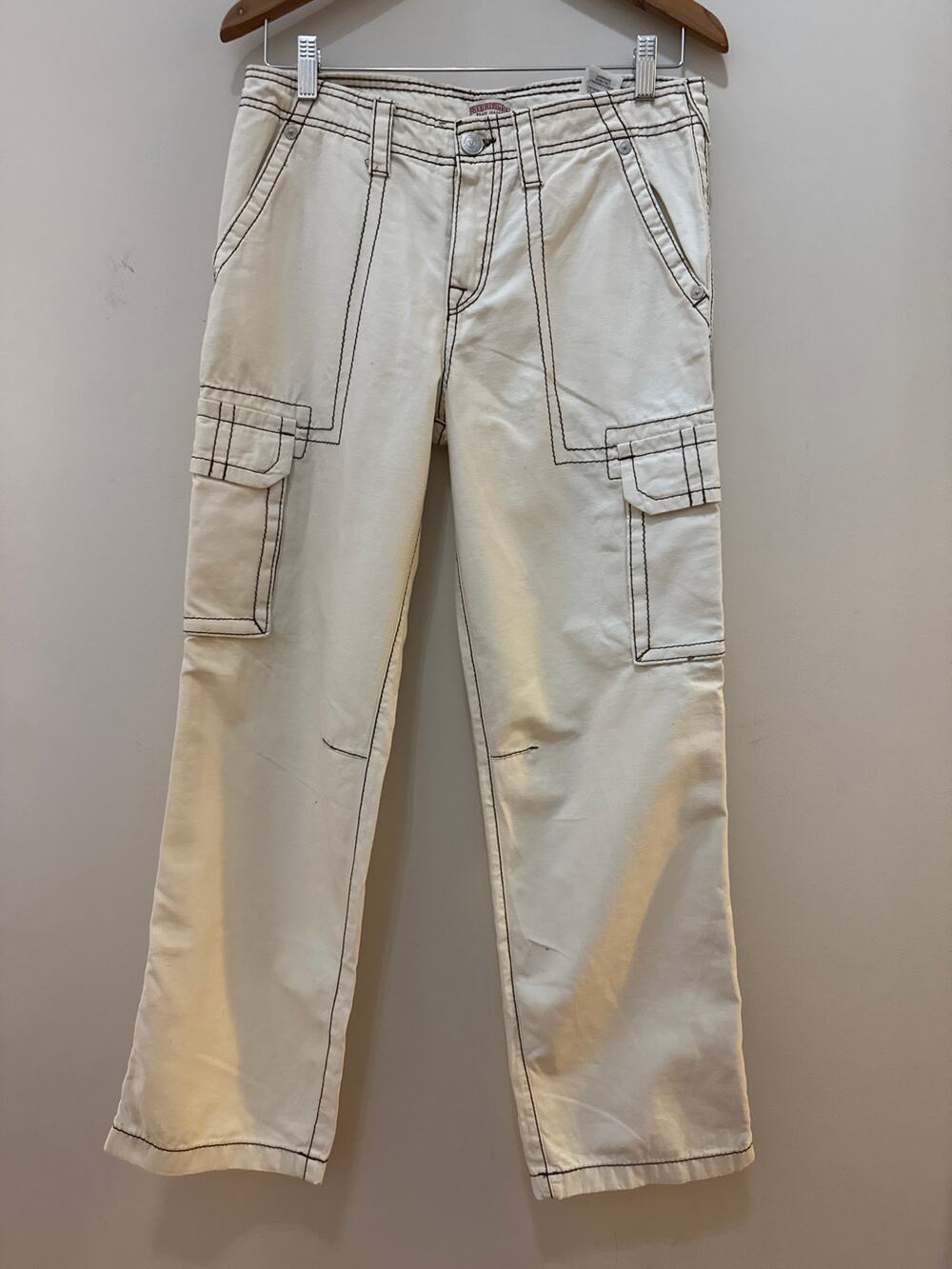 True Religion White Cream Big T Military Cargo Pants Women Size 26 Grunge Y2K
